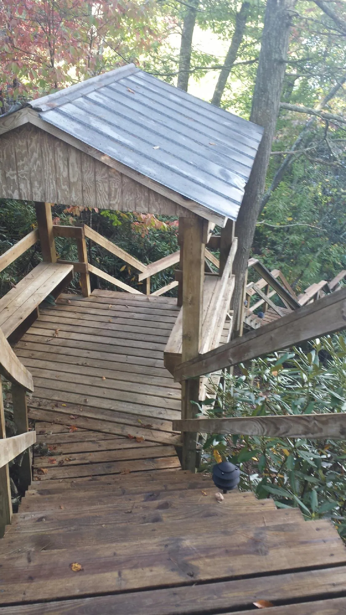 Metal roofed shelter over wooden steps on a wooded walkway — Skylight Repair & Installation work by our crew in Winston
